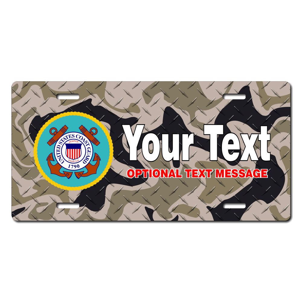 Coast Guard Seal / Brown Camo Background License Plate Custom Printed With Your Text, Choose Your Plate Size, Enter Your Text - Free Shipping 