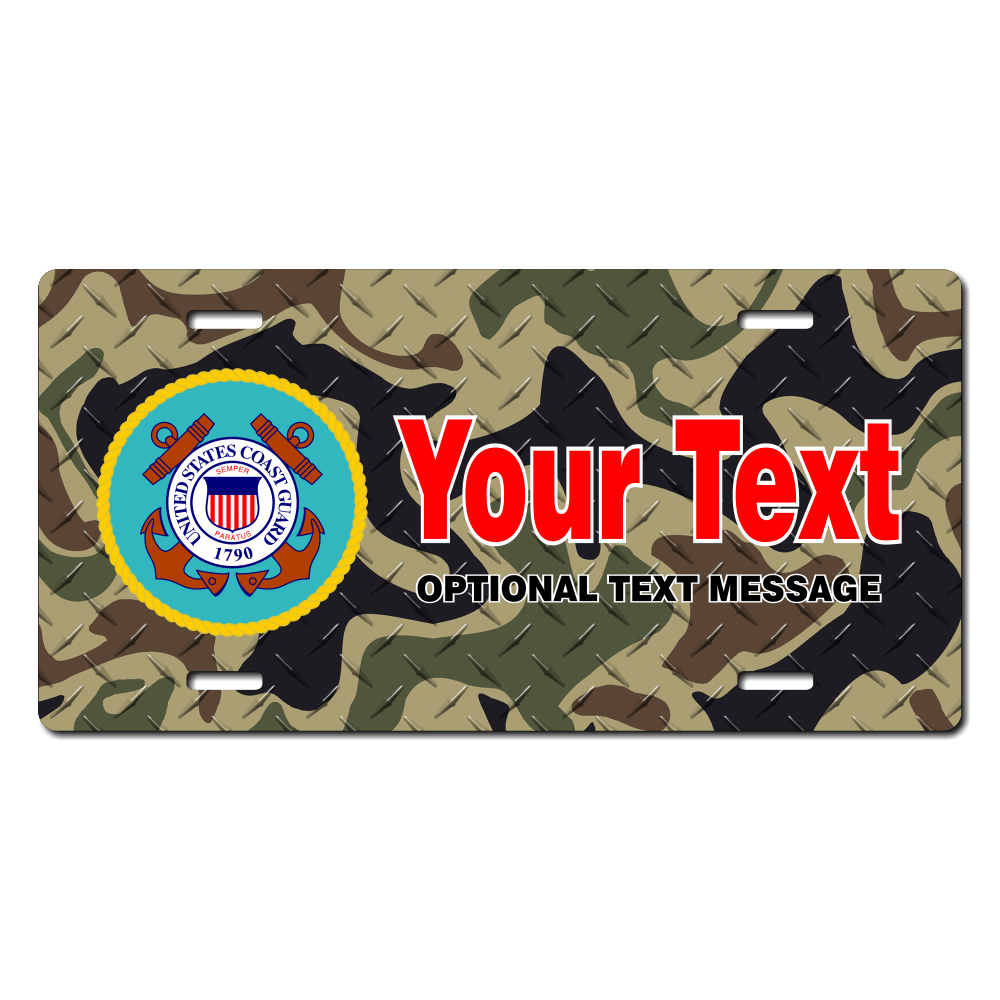 Coast Guard Seal / Woodland Camo Background License Plate Custom Printed With Your Text, Choose Your Plate Size, Enter Your Text - Free Shipping 