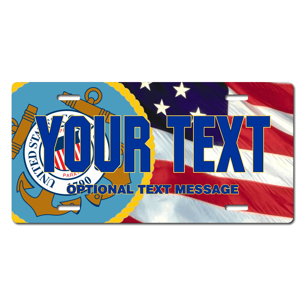 Coast Guard Seal / American Flag Background License Plate Custom Printed With Your Text, Choose Your Plate Size, Enter Your Text - Free Shipping